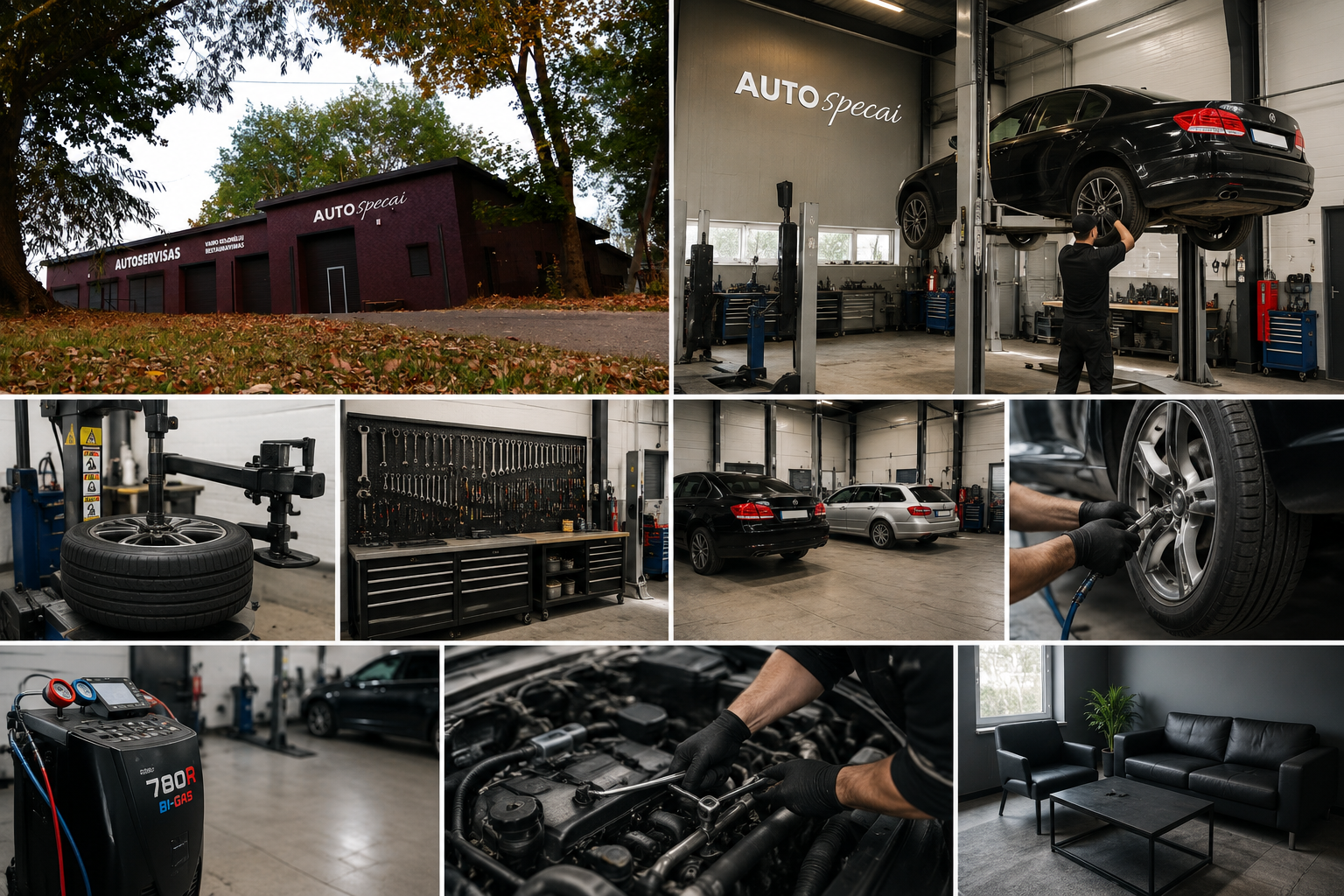 Autoserviso darbų ir įrangos koliažas